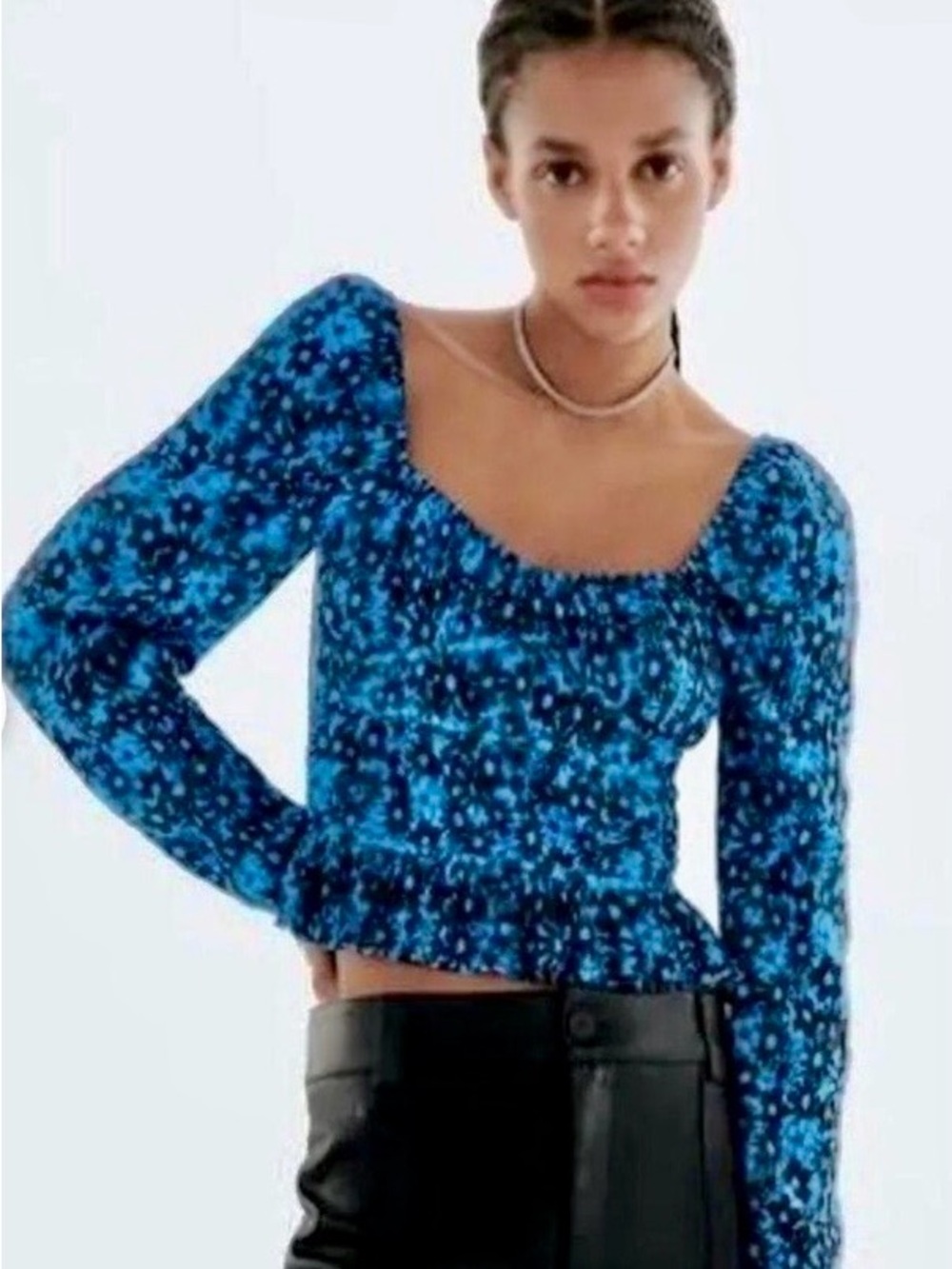 Zara Blue & black Floral Square-Neck balloon Sleeve Top medium blouse